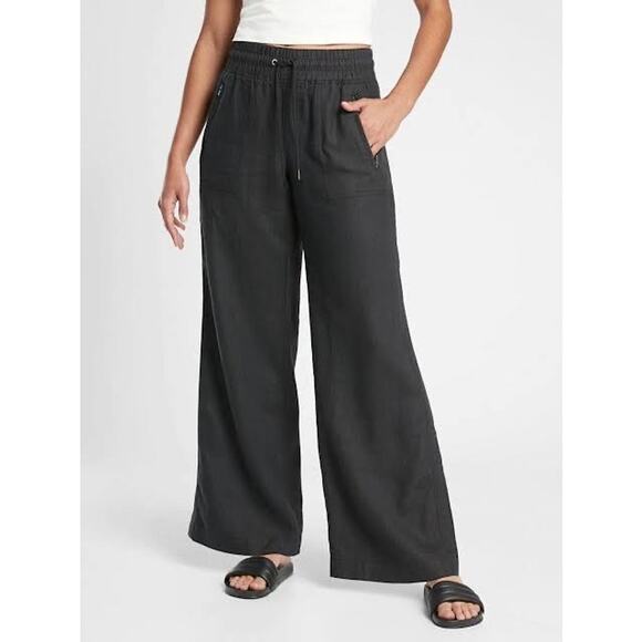 Athleta Black Wide Leg Cabo 100% Linen Pants 8P Drawstring Elastic Lightweight - Picture 1 of 5